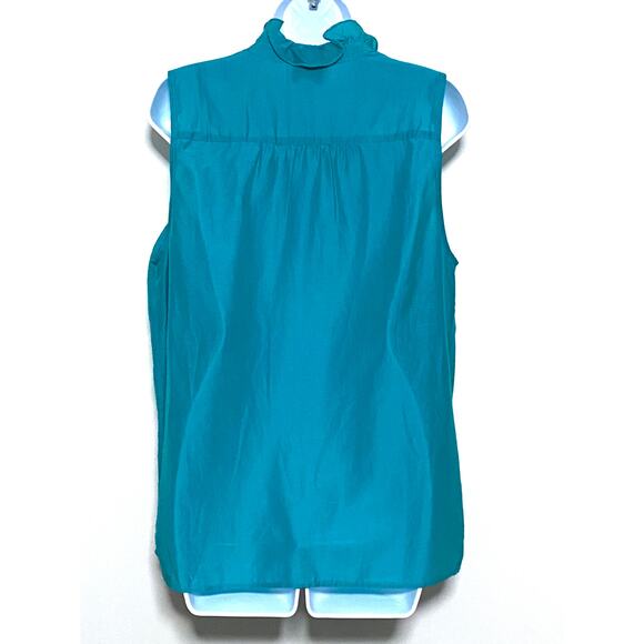 Loft Blue Sleeveless Top Blouse L Ruffles Cotton Silk Classic Chic Career Office - Picture 3 of 7